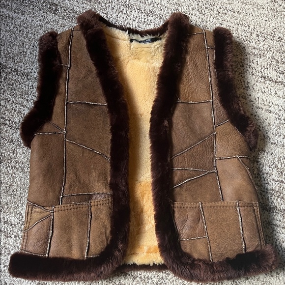 Brown Shearling real sheep/ leather kids vest, handmade - Picture 1 of 15